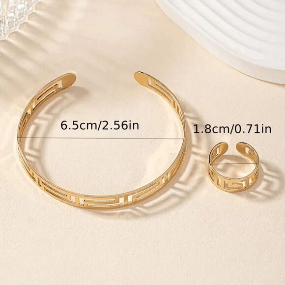 Gold Greek Cut-Out Bracelet and Ring Set - Picture 3 of 5